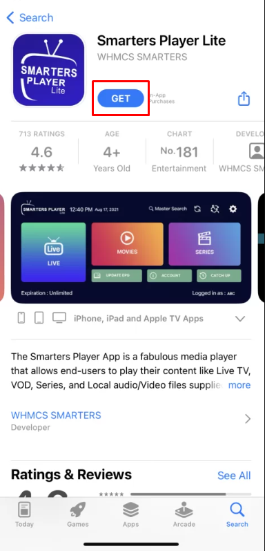 Click the Get button to download Smarters Player Lite app