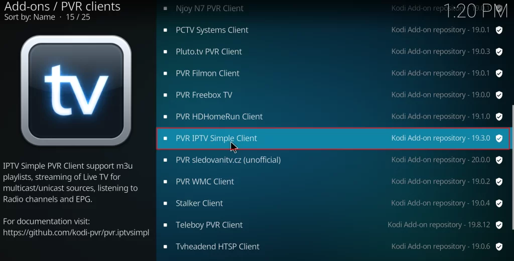 Click on PVR IPTV Simple client
