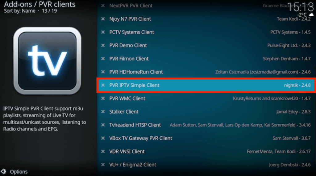 Select PVR IPTV Simple Client to stream Geek IPTV