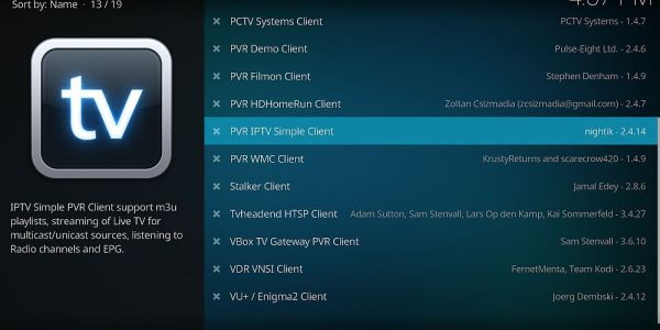 Select the PVR IPTV Simple Client.