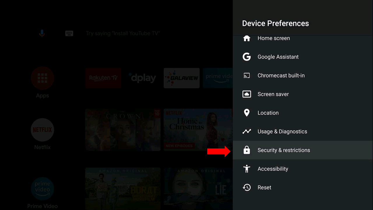 Select Security & Restrictions to stream IPTV on Toshiba Smart TV 
