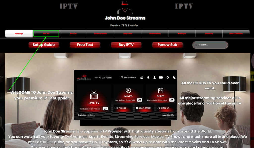 Choose Free Test on John Doe IPTV website