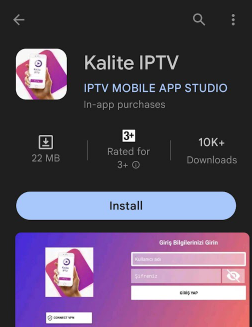 Tap Install to get Kalite IPTV on Android