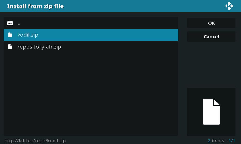 Click on the Zip file to install Kodil Repository on Kodi app