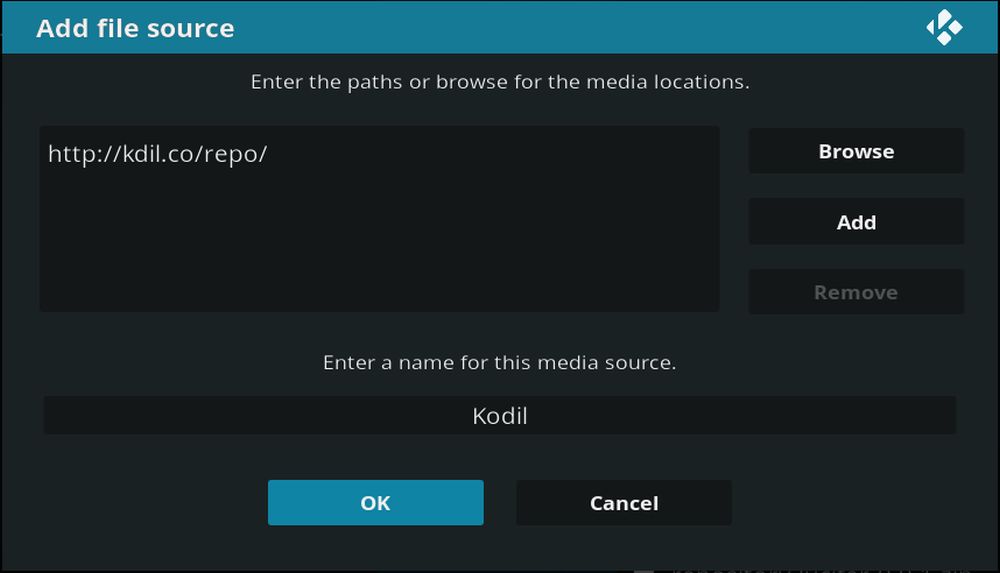 Enter the Kodil repository URL on the dialogue box
