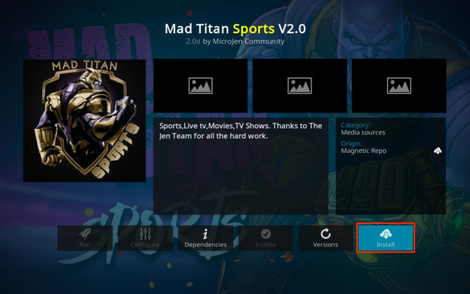 Click the Install button to install Mad Titan Sports Addon