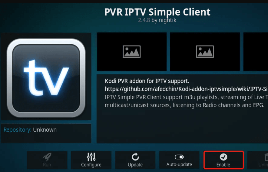 Click Enable to stream Sens IPTV using Kodi