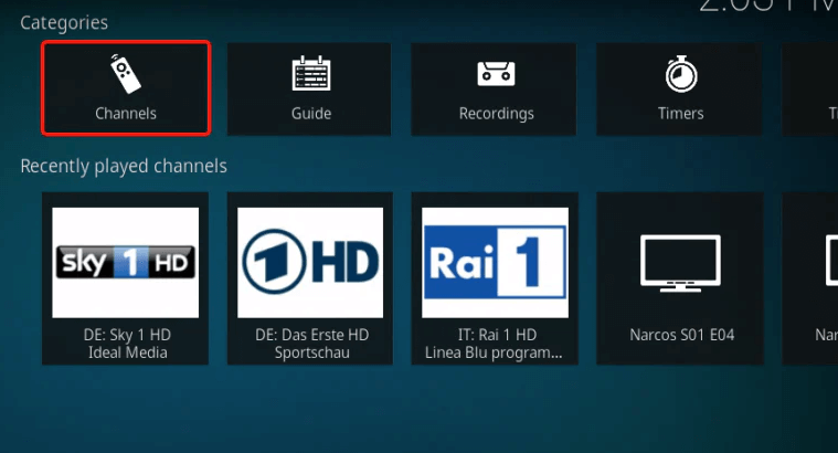 Select TV >> Channels to stream Sens IPTV channels on Kodi