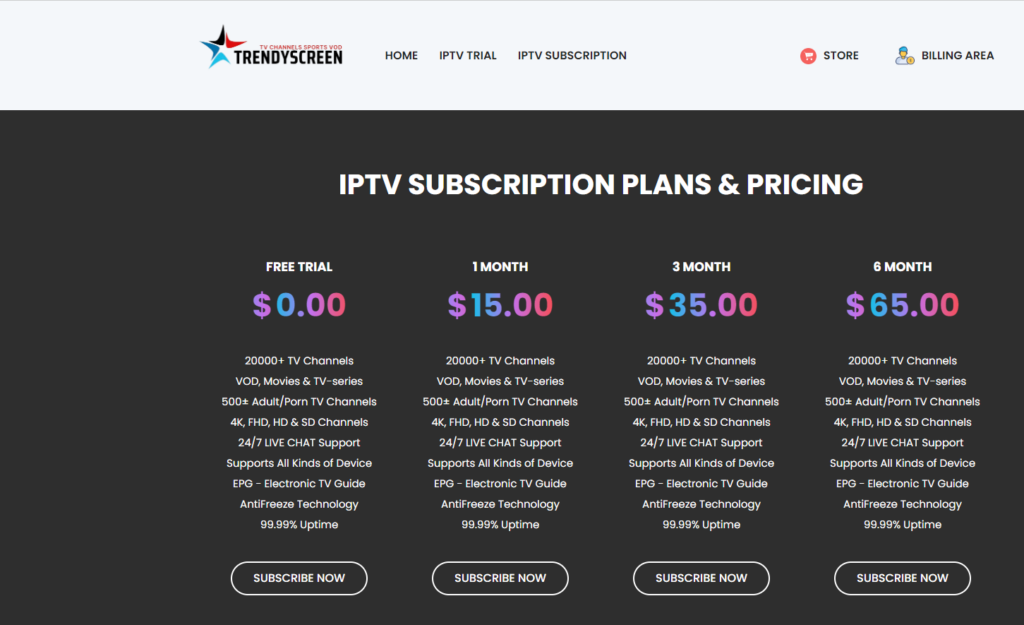 Subscribe Now option on Trendyscreen IPTV
 website