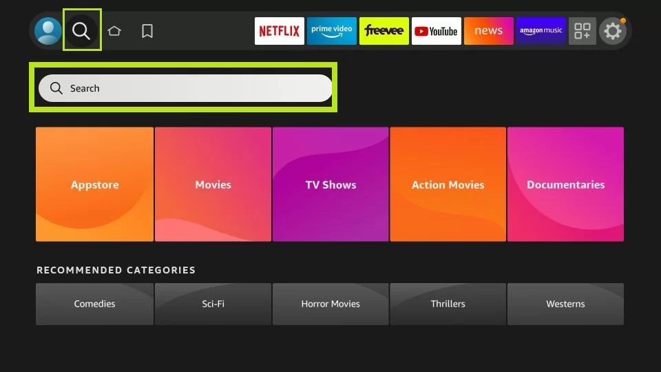 Click on Search in Firestick's Home screen