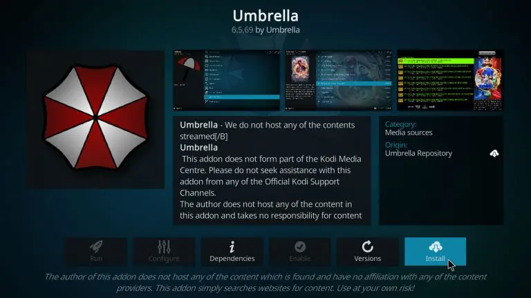 Click the Install button to install Umbrella Kodi Addon