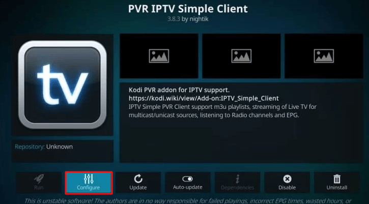 Click on Configure button on PVR IPTV Simple Client