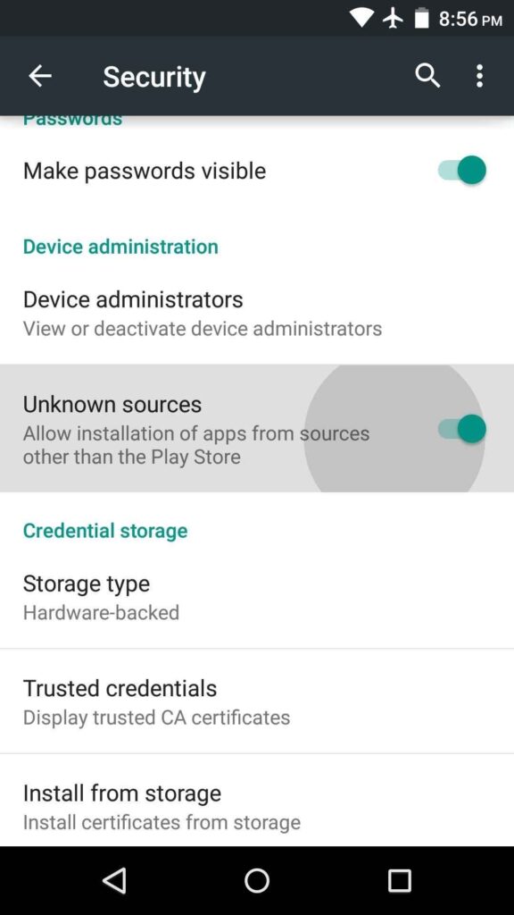 turn on Unknown sources on Android