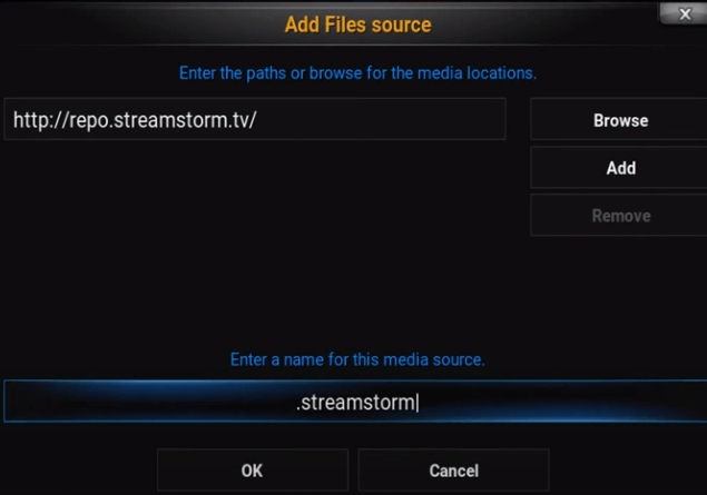 Enter the repository URL of Streamstorm IPTV addon on the pop-up