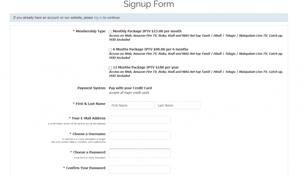 Signup form for Tamil IPTV